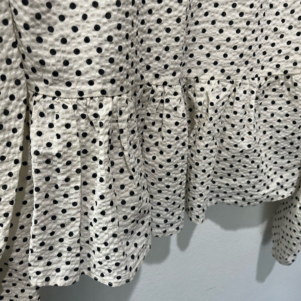 ENGLISH FACTORY WHITE BLACK POLKA DOT PUFF LONG RUCHED SLEEVE BLOUSE - Picture 6 of 9